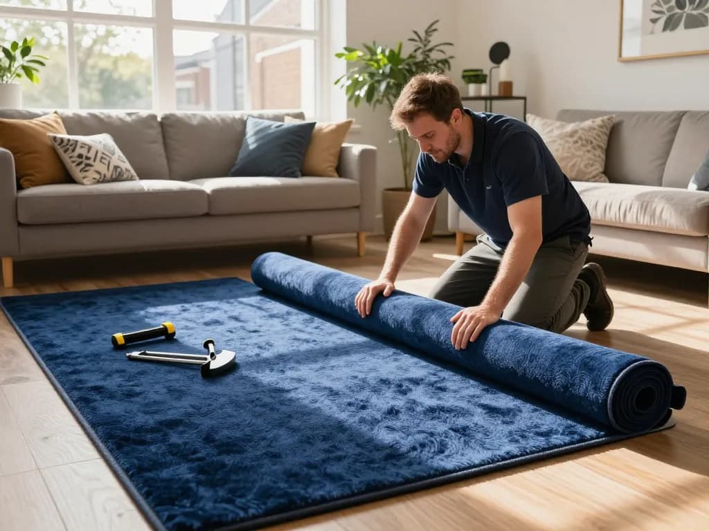 Expert carpet fitting services West London showcased in a bright living room during installation.