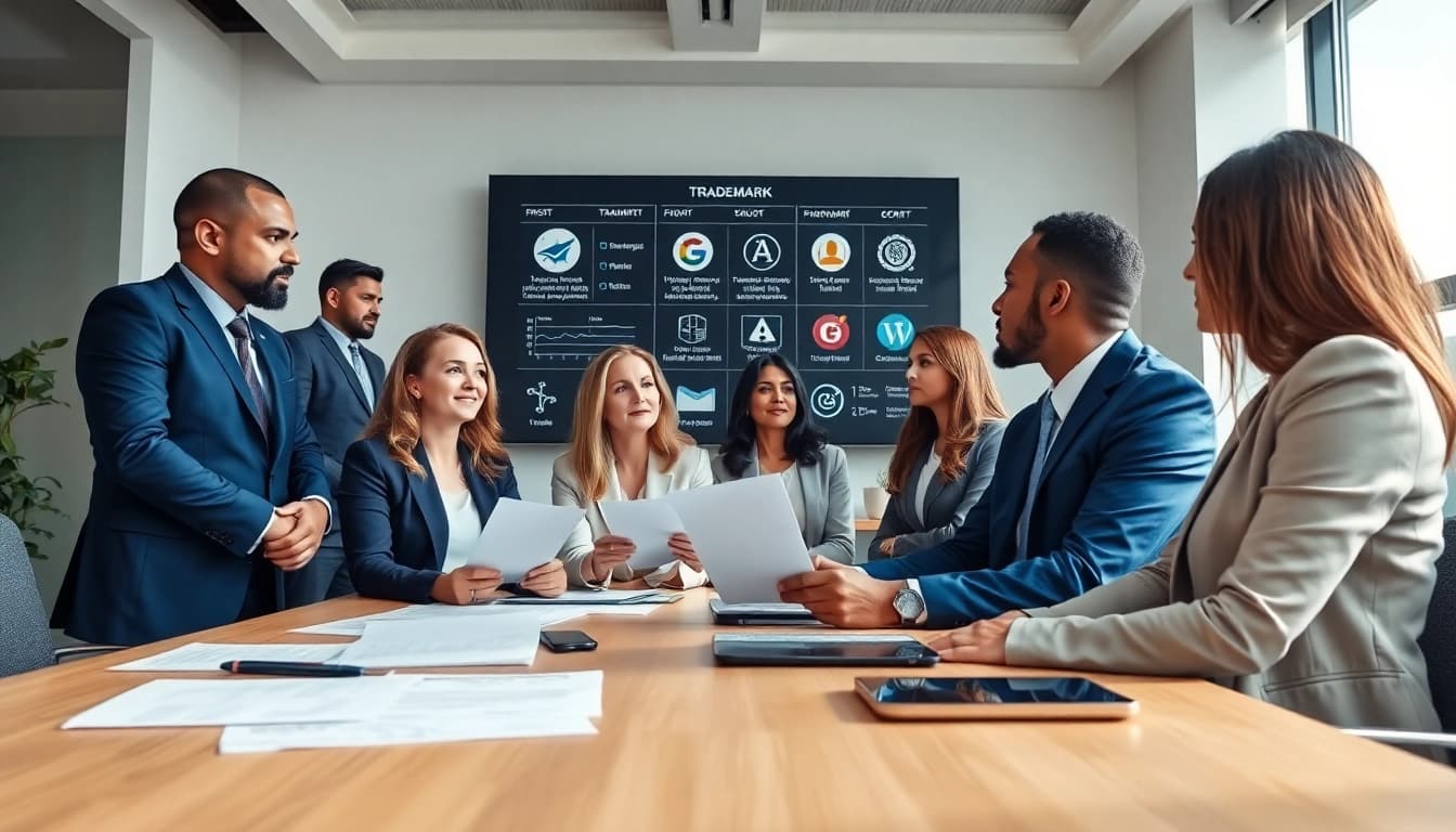 A trademark attorney team discussing trademark and intellectual property in the US, showcasing a professional office setting.