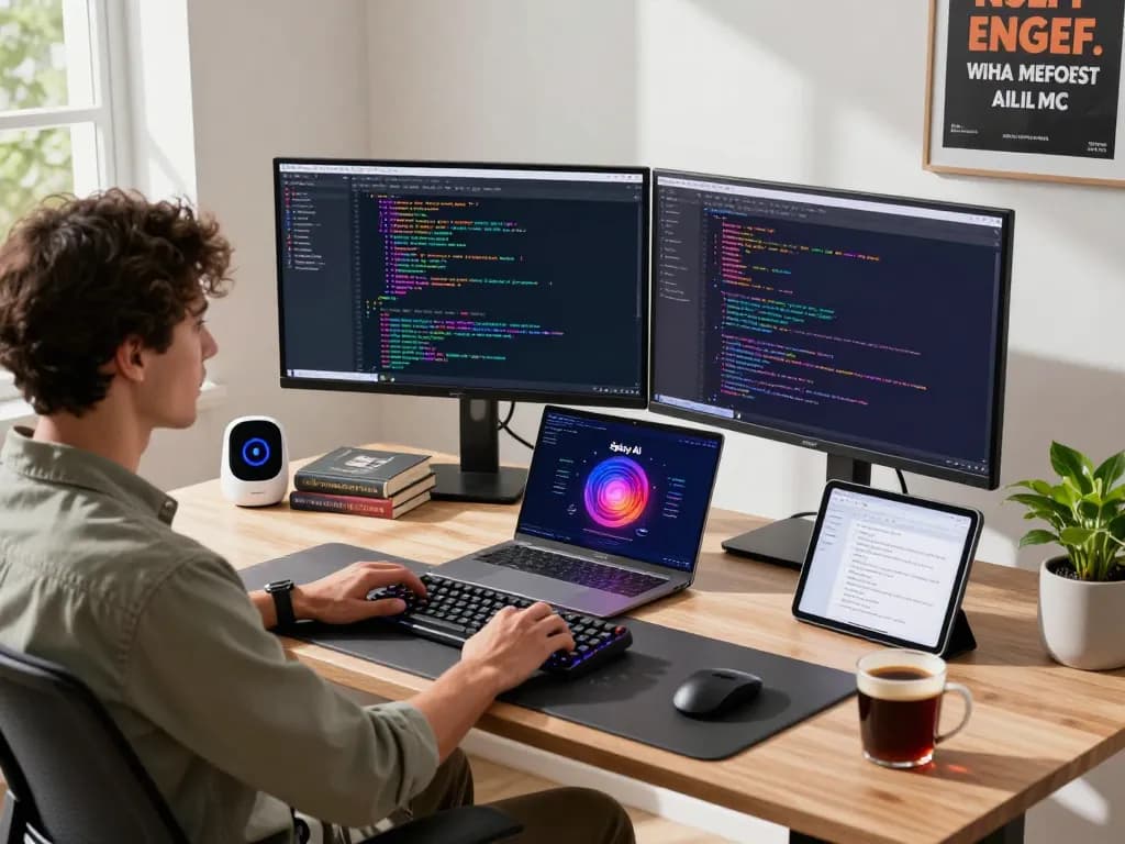 Dynamic tech workspace showcasing spicy ai development with vibrant code and modern tools.