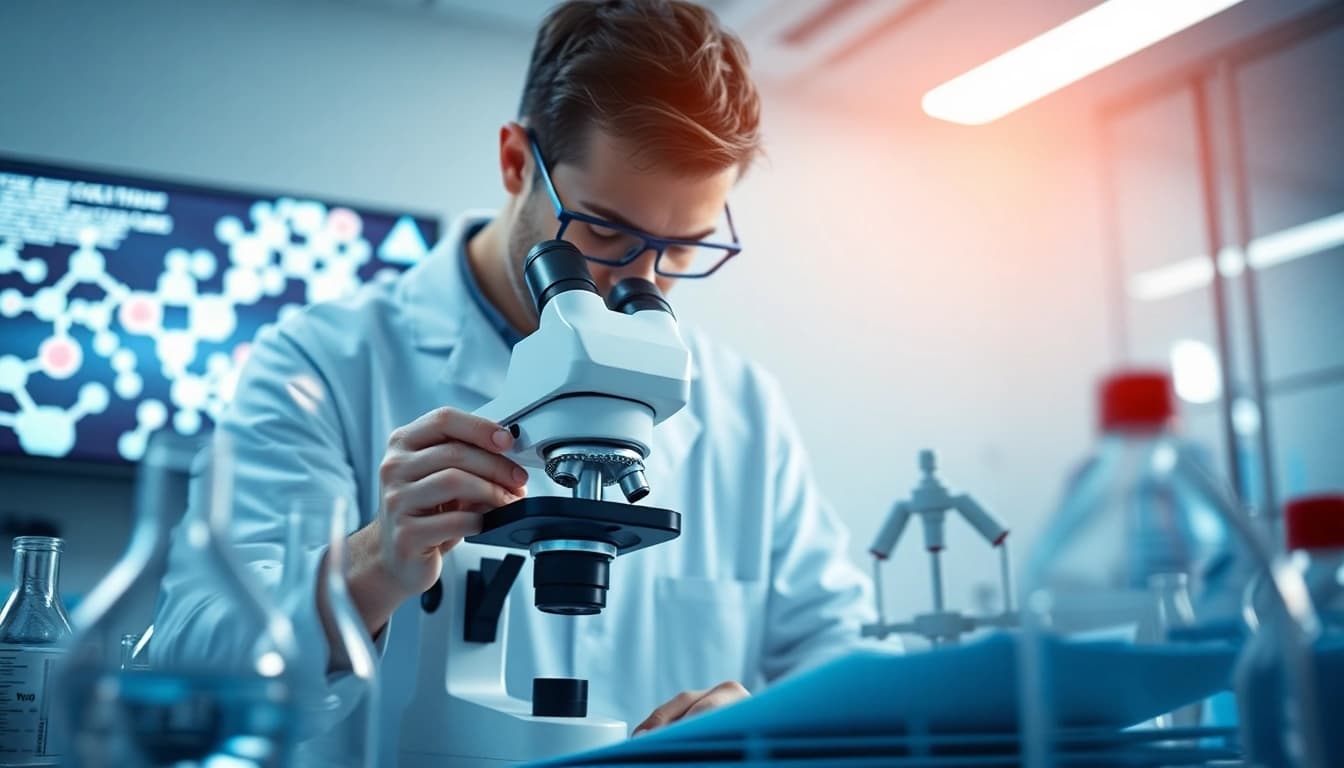 Scientist examining Retatrutide effects in a modern lab environment.