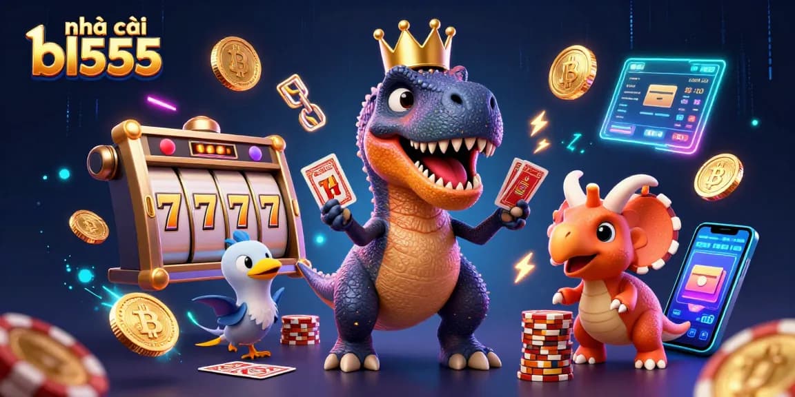 Experience excitement with nhà cái bl555 featuring 3D characters playing cards and stacking chips in a vibrant casino scene.