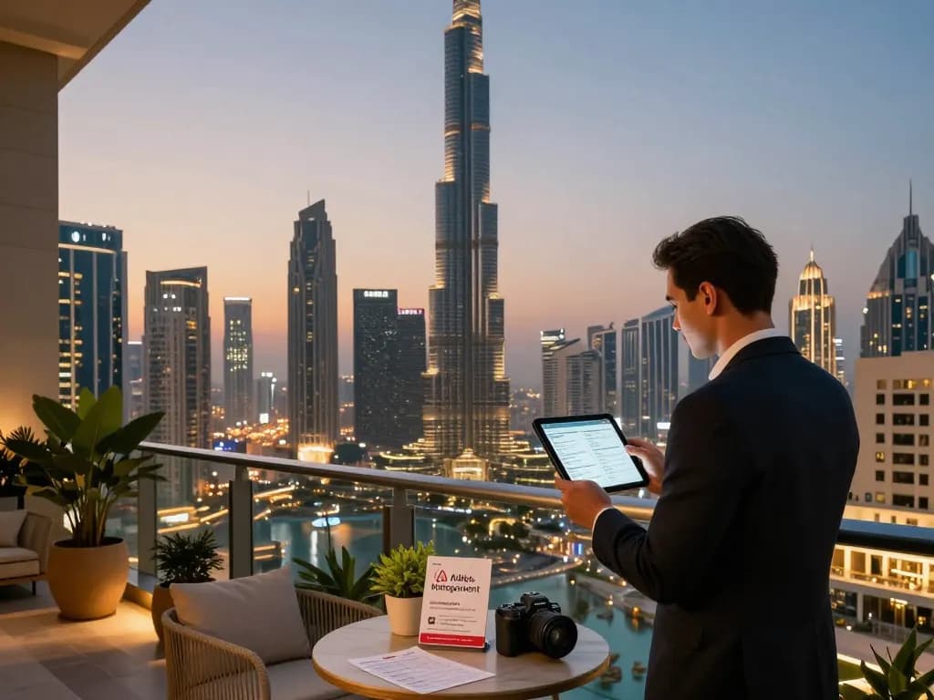 Airbnb management Dubai scene with property manager overlooking luxury apartment and city skyline