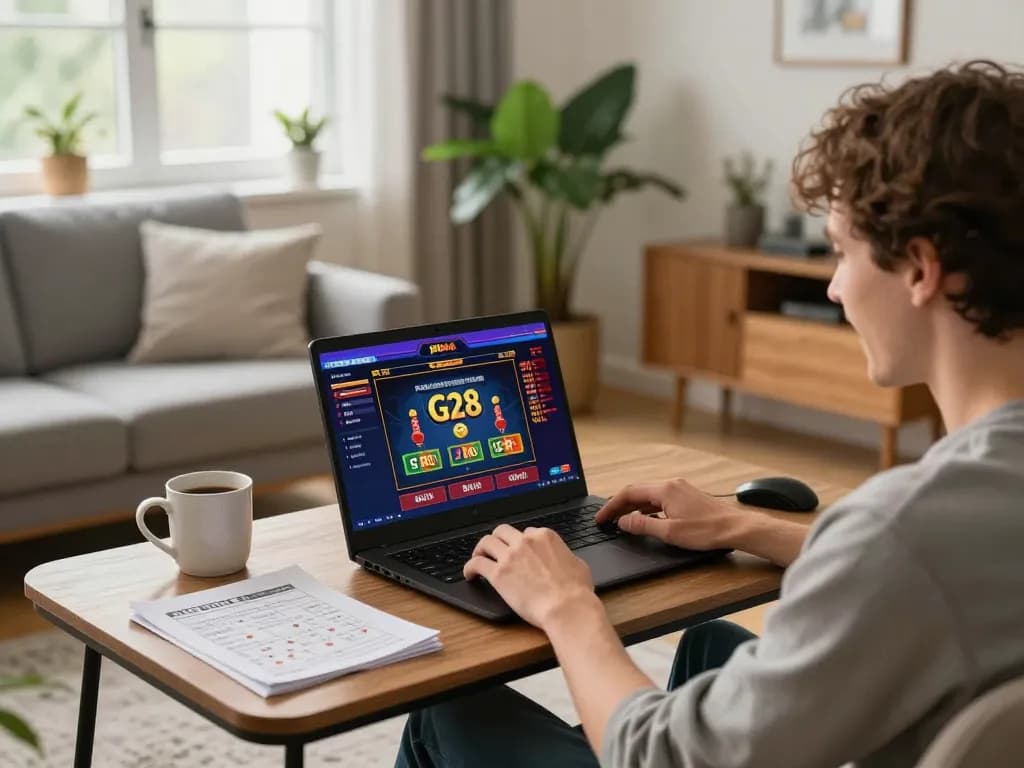 Engaging with G28 online casino from a cozy home setup, showing betting strategy notes.