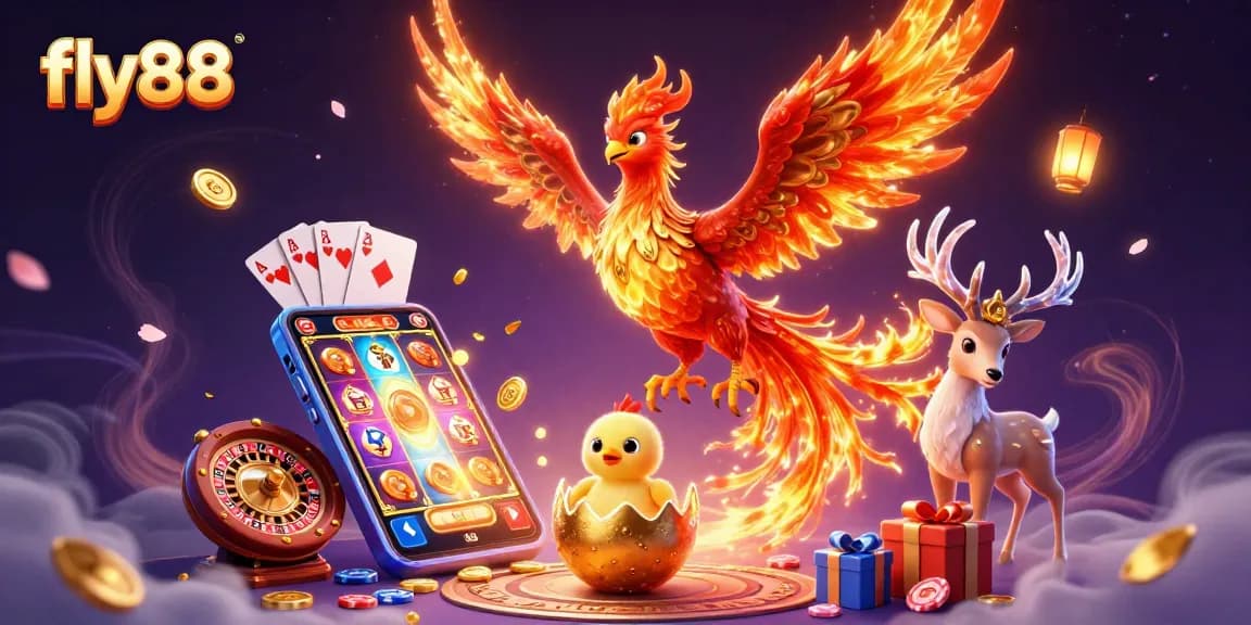 Experience thrilling gameplay with fly88 as the phoenix soars amidst captivating casino elements.