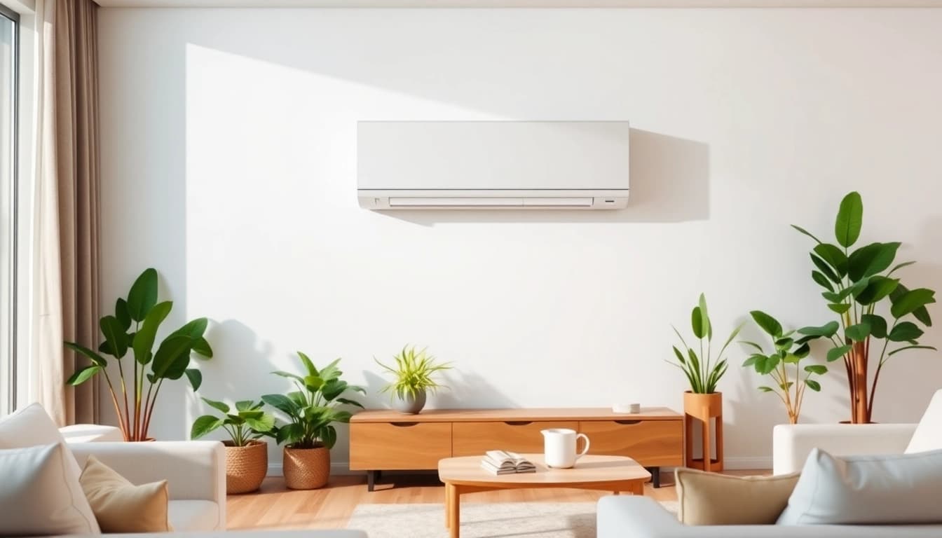 Showcasing Mitsubishi mini split AC in a modern home, highlighting its sleek design and effective cooling.