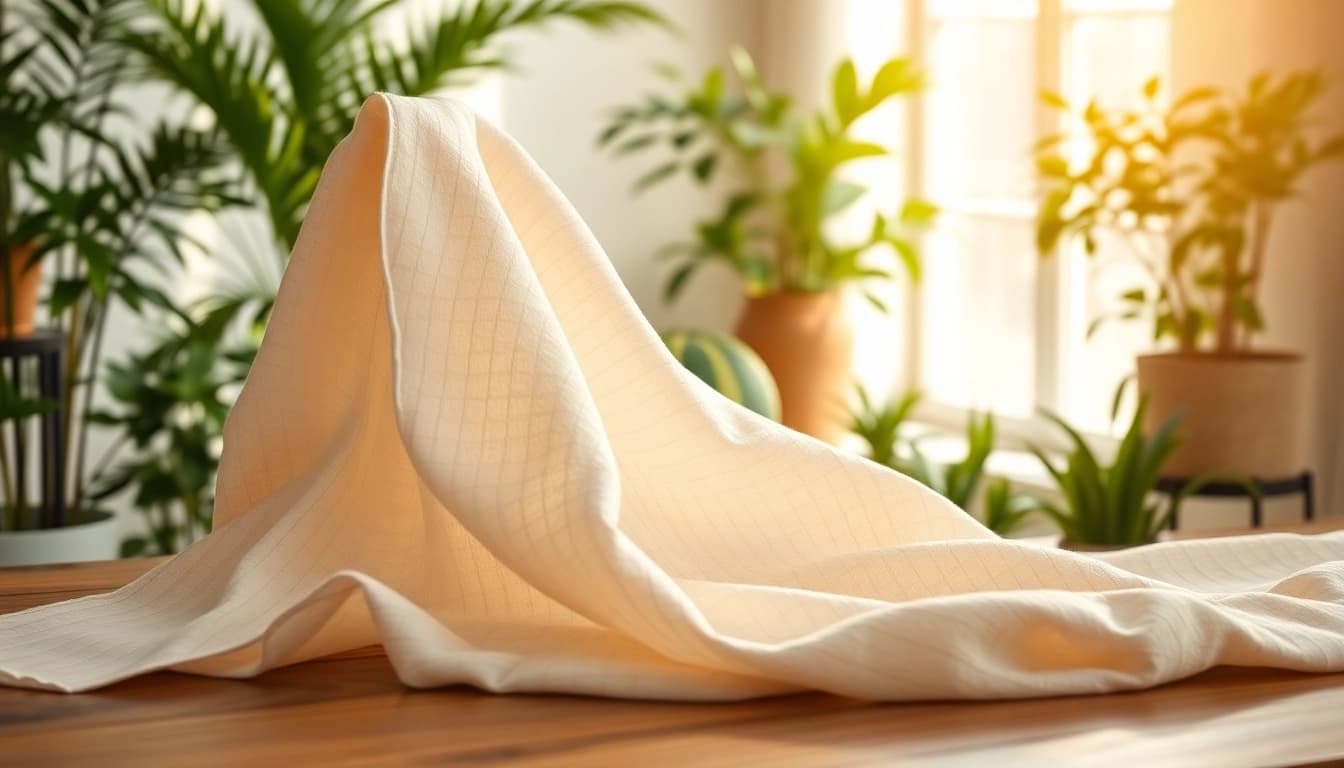 Katoen stof schitterend gepresenteerd over een houten tafel, met levendige kleuren en textuurdetails.
