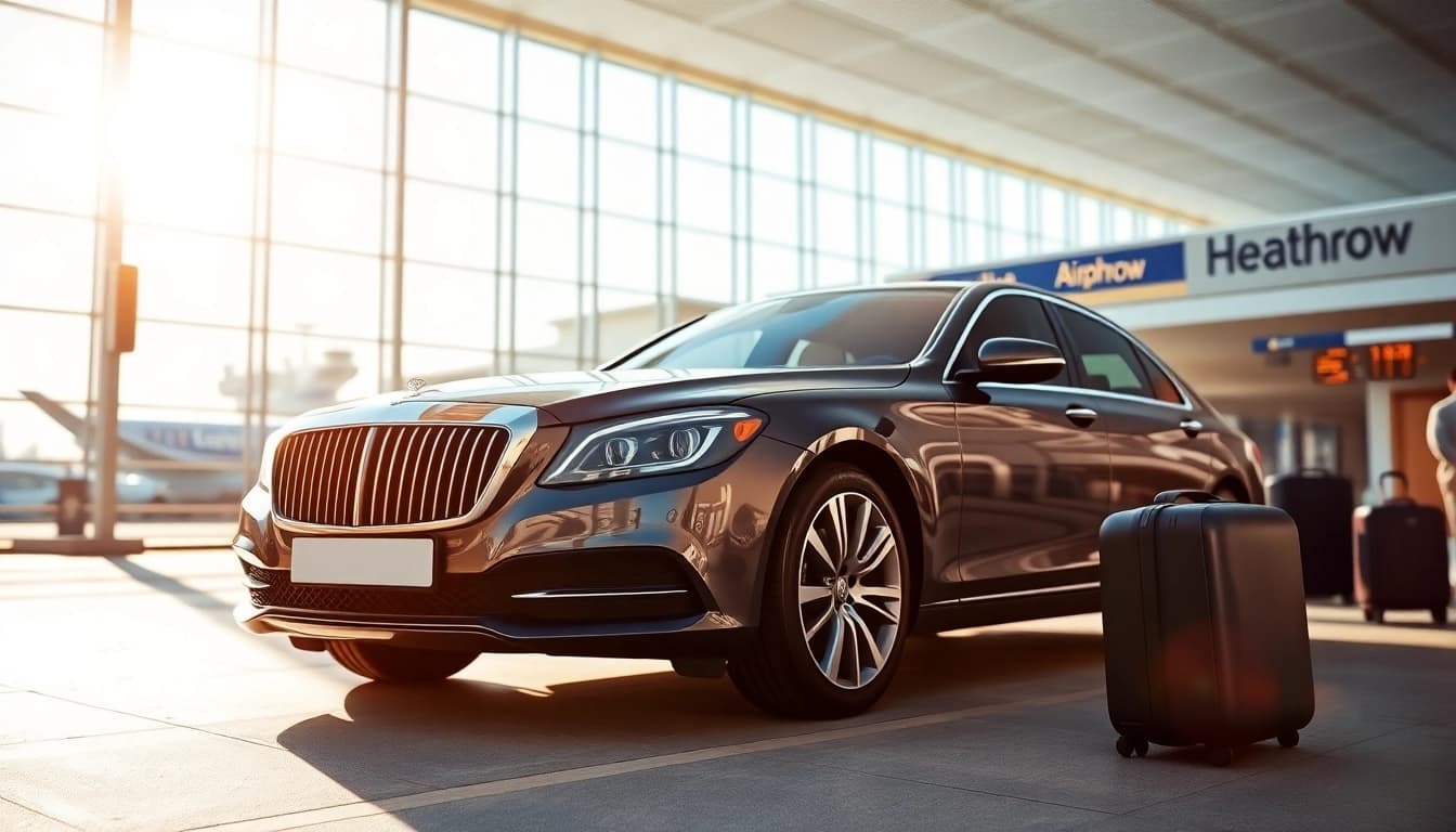 Luxury vehicle awaits passengers at Heathrow airport, showcasing premium travel services.