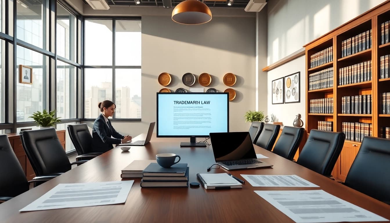 Professional law office focusing on trademark and intellectual property in the US, featuring legal documents and consultations.