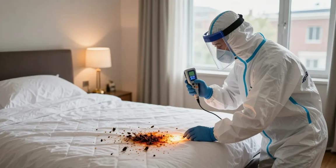 Professional conducting a bed bug heat treatment in a bedroom for effective pest management.