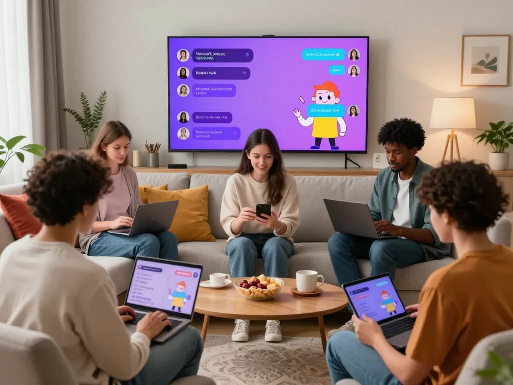 Engaging NSFW AI chat experience with users comfortably interacting in a modern living room.