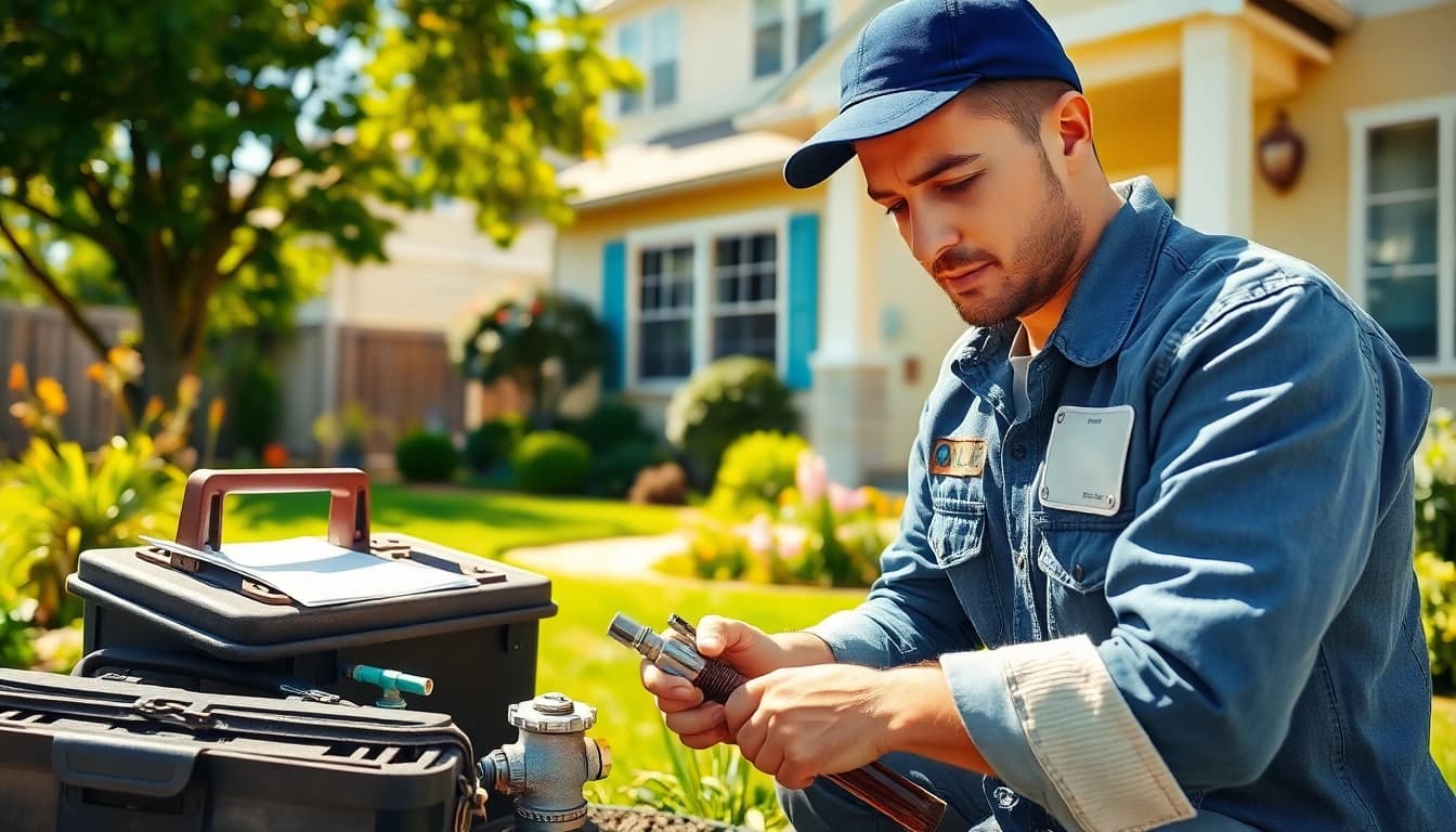 Find a reliable plumber near me fixing a leaky pipe outside a home.