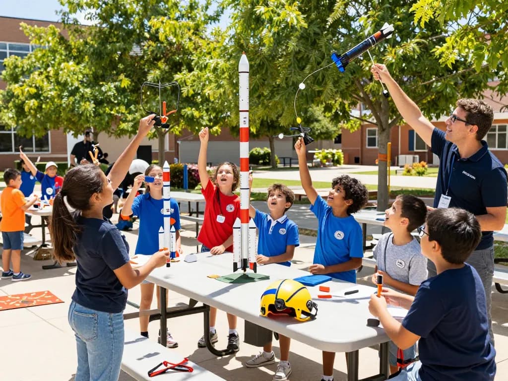 Children and teachers launching model rocket kits together in an outdoor schoolyard.