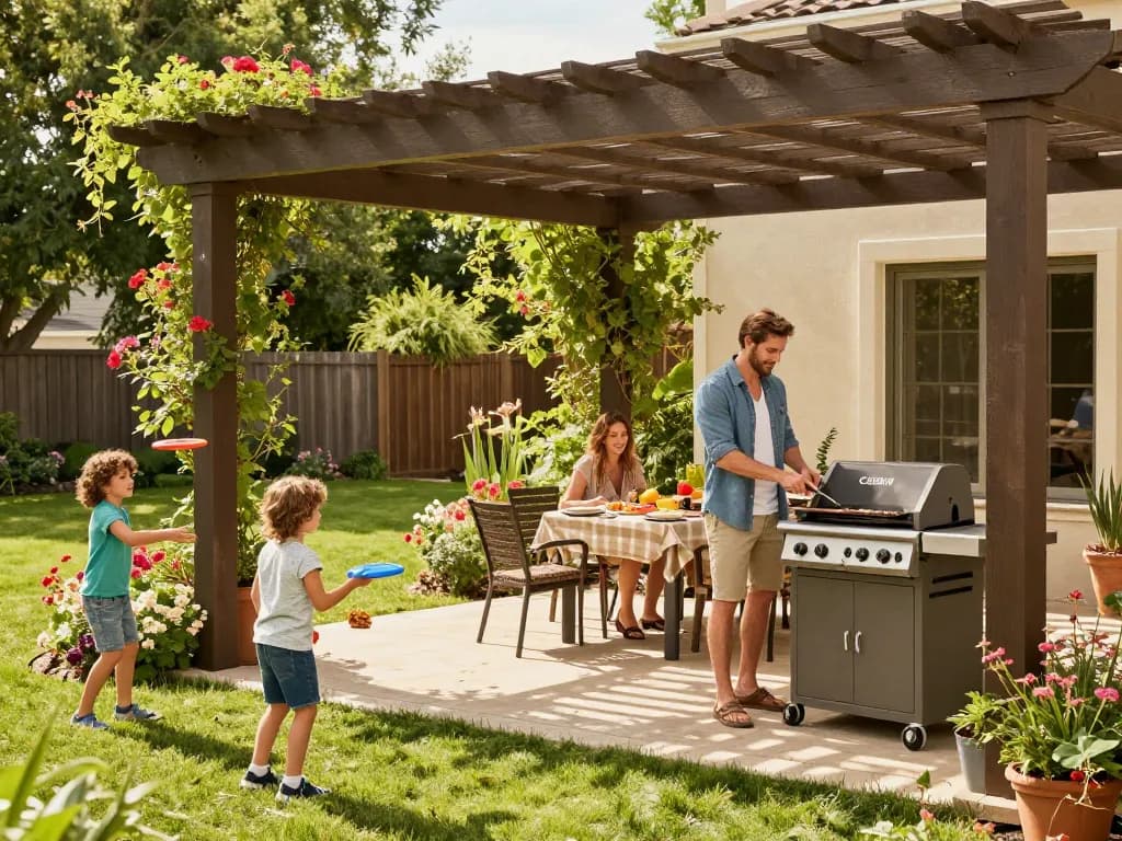 Family gathering under a stylish pergola configurator, enjoying a sunny backyard BBQ.