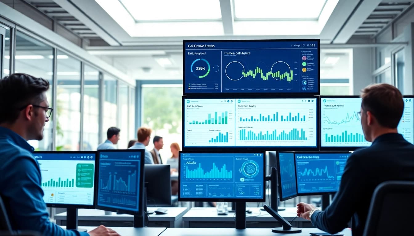 Engaging team using call centre software in a vibrant modern office setting.