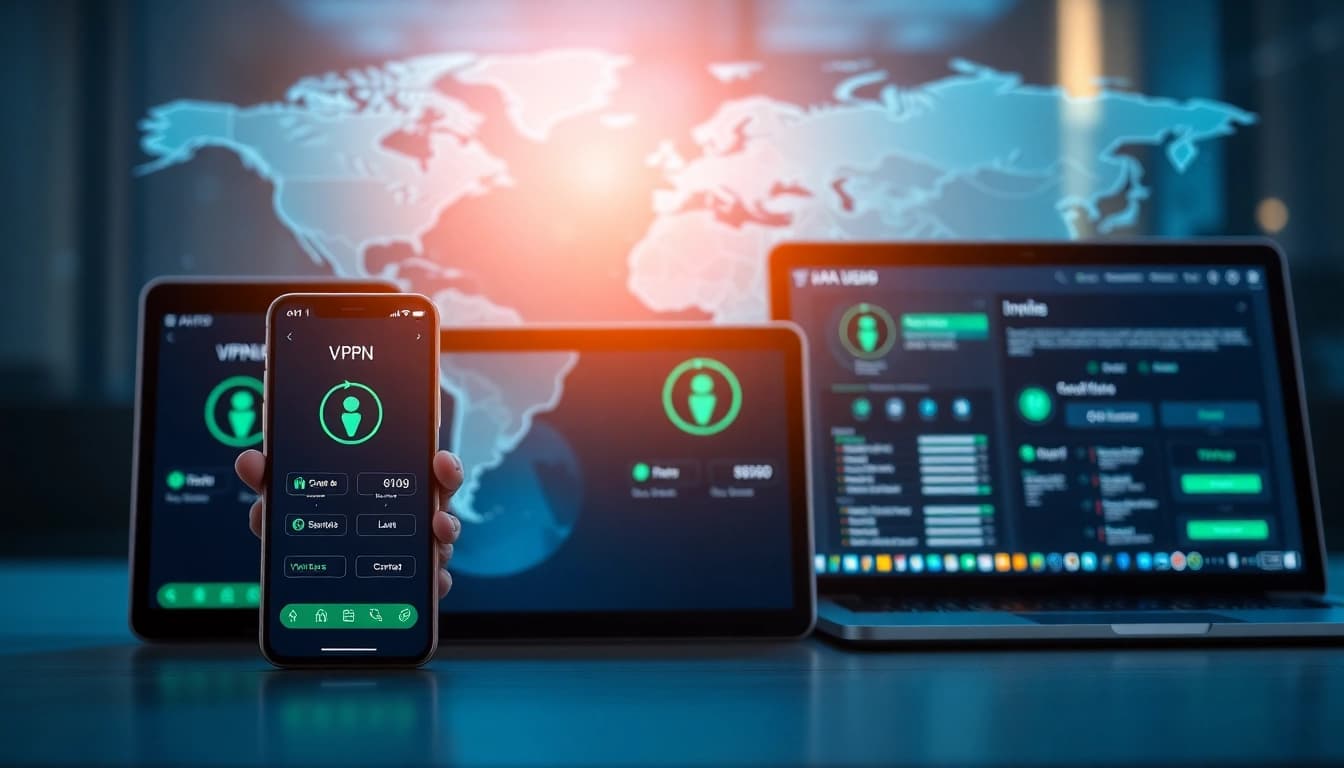 快连官网 展示了在多台设备上运行的极简风格 VPN 界面，强调全球无缝连接与用户安全。