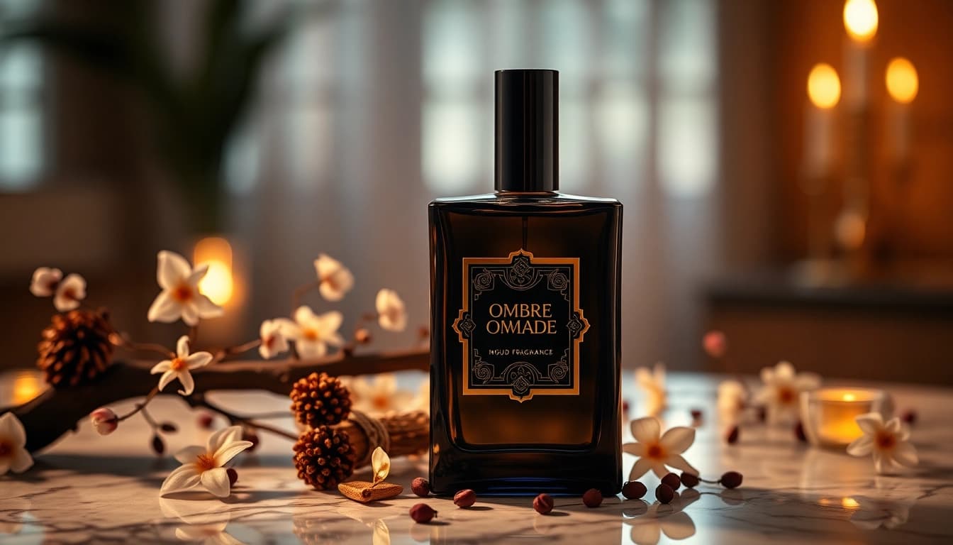 Admire the elegant Ombre nomade fragrance displayed with oud wood and flowers.