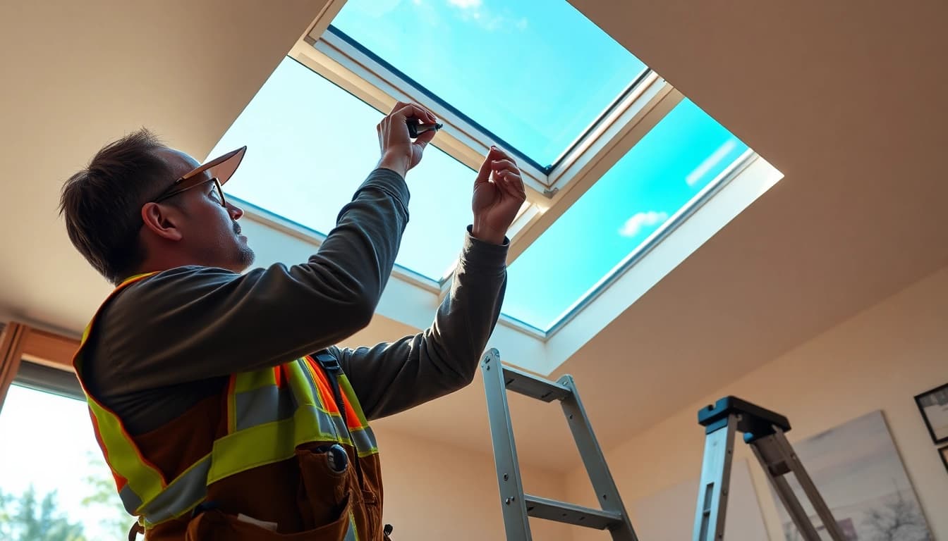 Velux repairs expert fixing a roof window, showcasing professional skylight solutions.