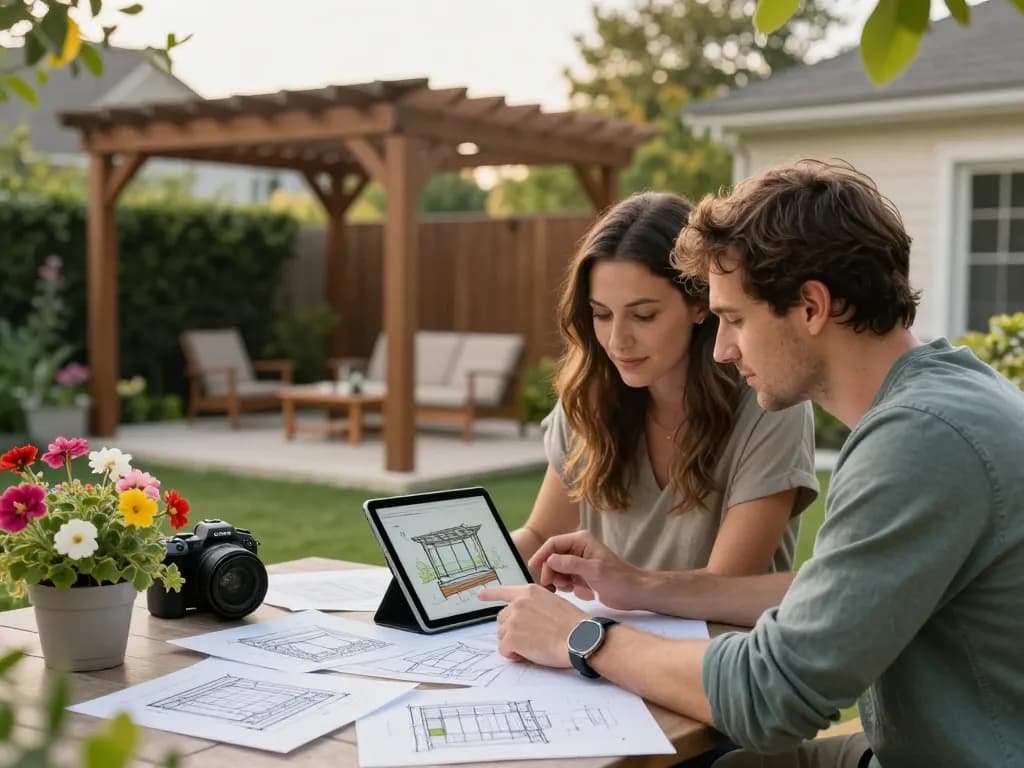 A couple using a pergola 3D planner in their vibrant garden, surrounded by flowers and a visible pergola structure.