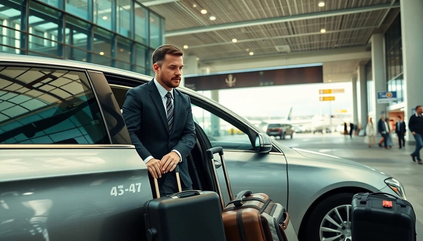 Book airport transfers with a professional driver in a bustling city setting.