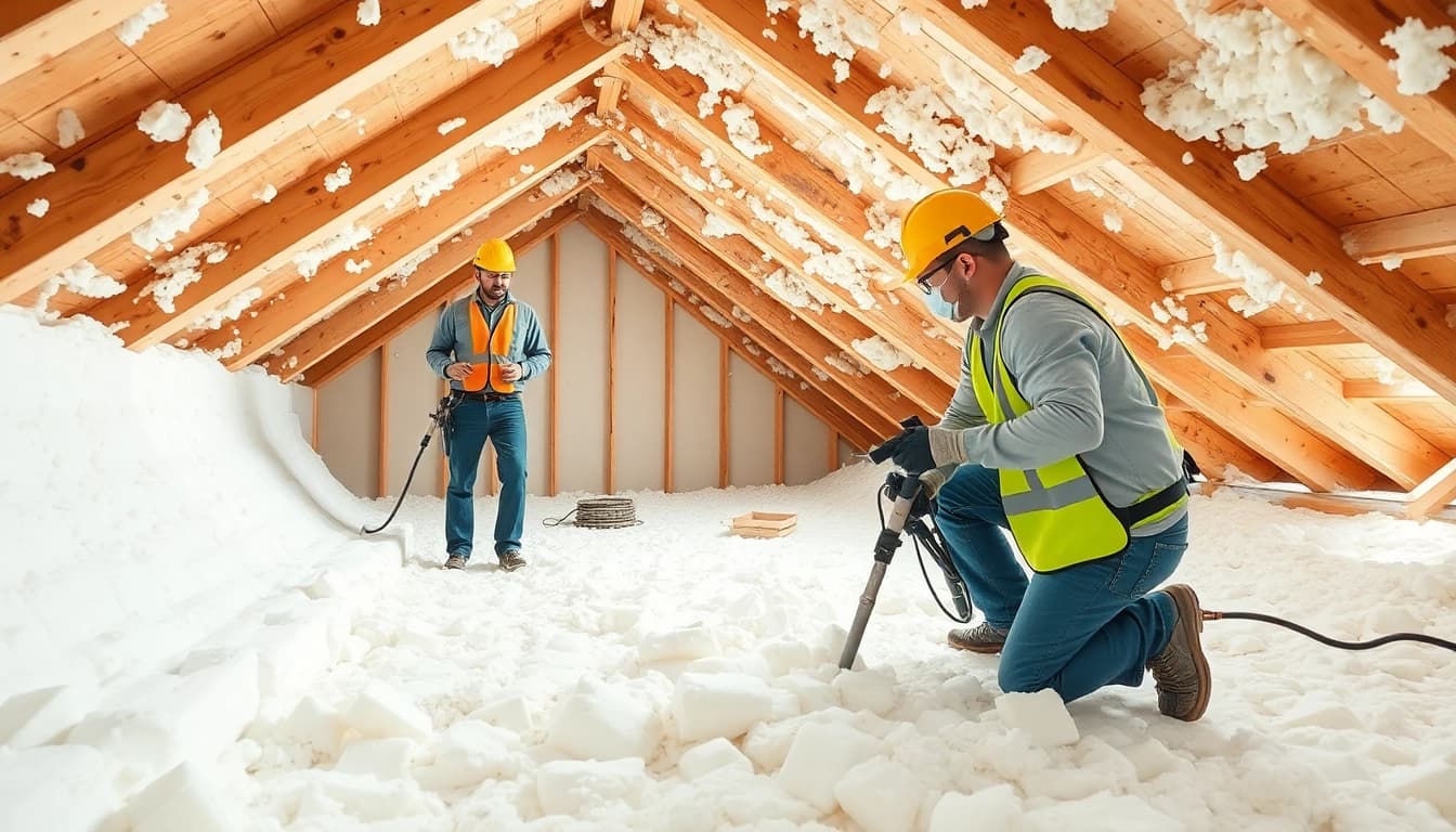 Professional spray foam removal process in a residential attic by skilled technicians.