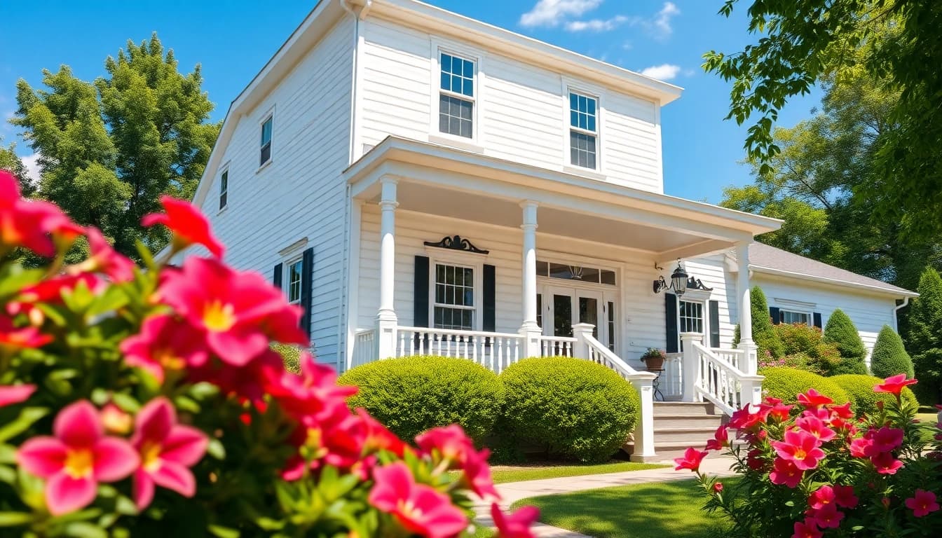 colonial home renovation showcasing a beautifully modernized colonial house with a classic porch and vibrant flowers