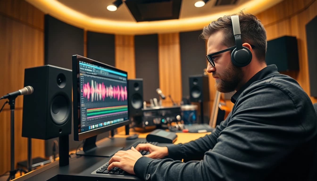 Enhance your music with professional online mastering services in a high-tech studio setup.