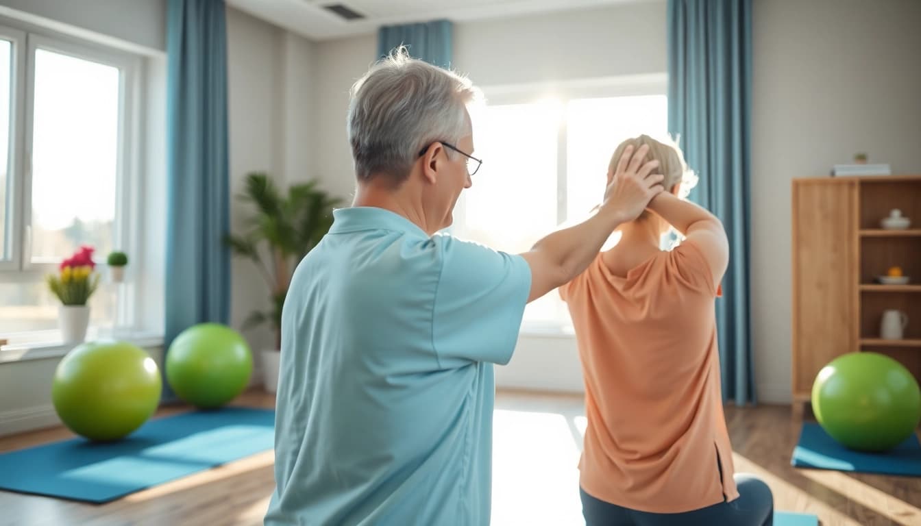 Engaging scene showing healthcare professional assisting a patient with back pain solutions during therapy.