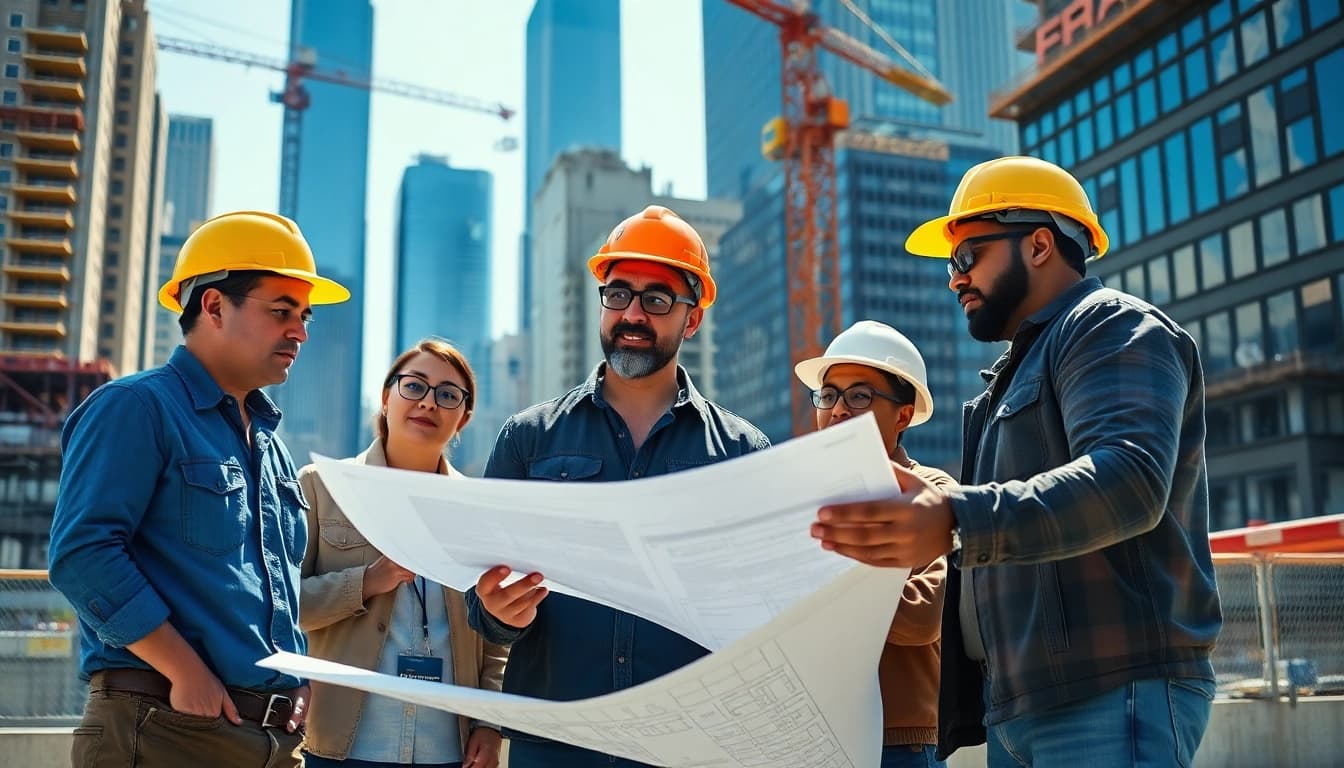 New York City General Contractor examining blueprints on a vibrant construction site.