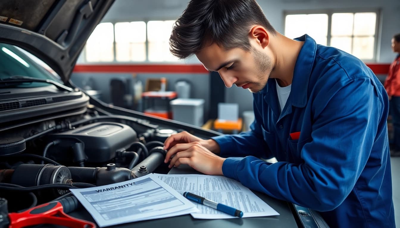 Engaged mechanic examining older vehicle while discussing the best extended auto warranty for older vehicles.