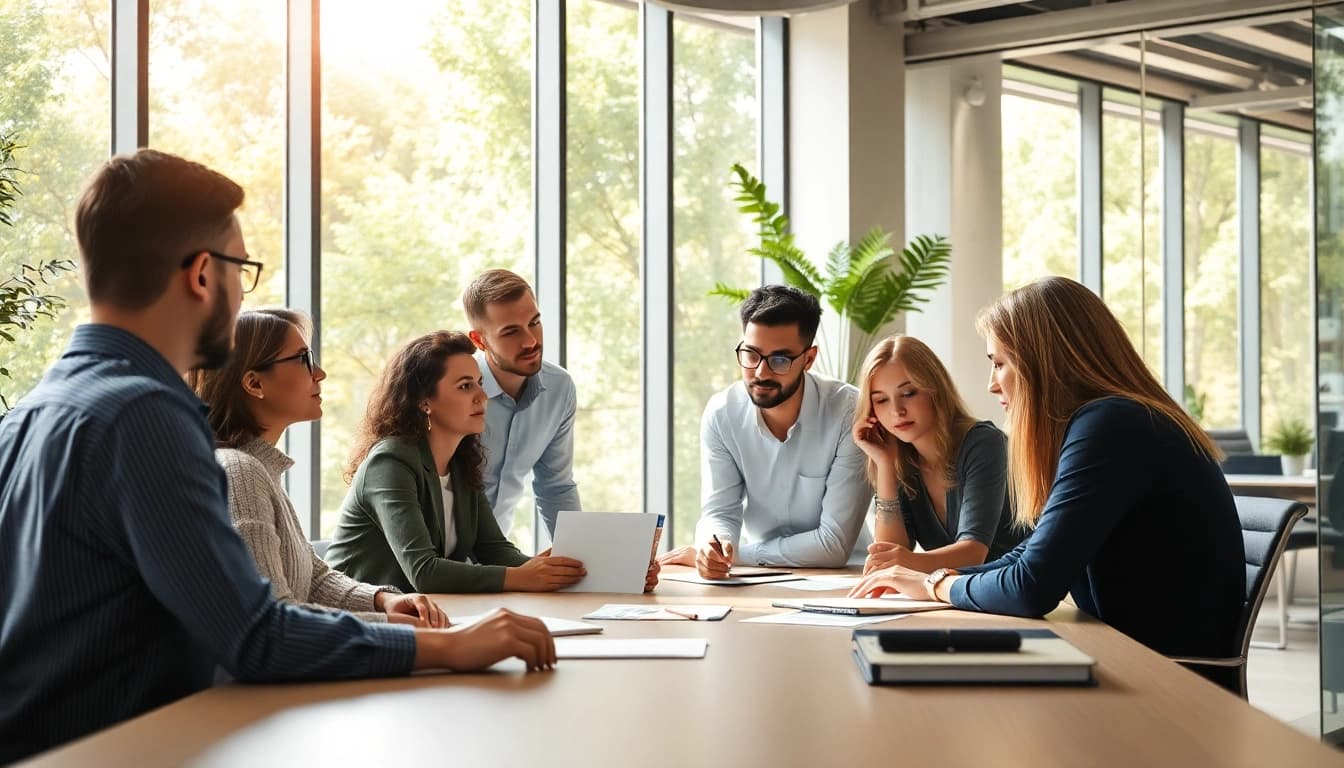 Individuals collaborating on their Ideal career in a modern, sunlit office