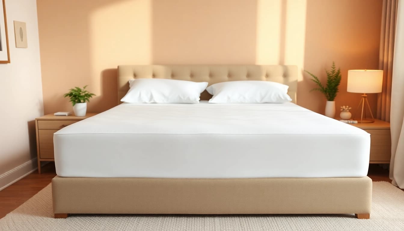 Enhance sleep quality with this mattress protector queen, showcasing comfort and protection in a chic bedroom.