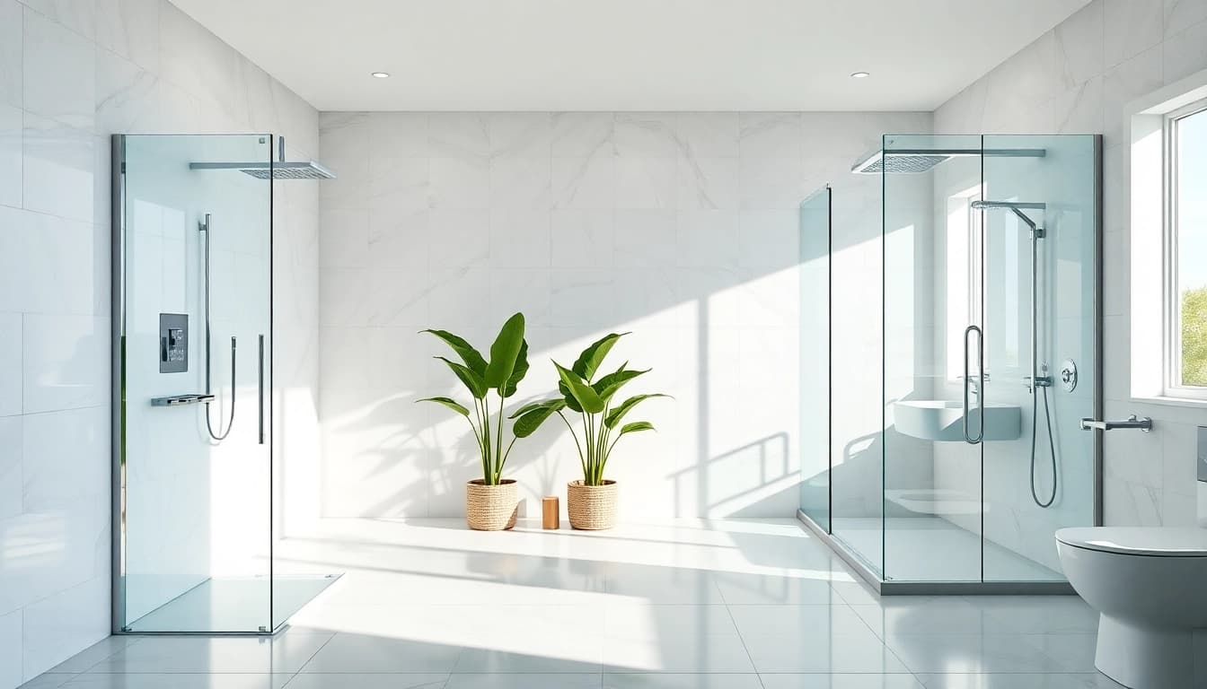 Experience the luxury of elegant showers in a modern bathroom setting with natural lighting.