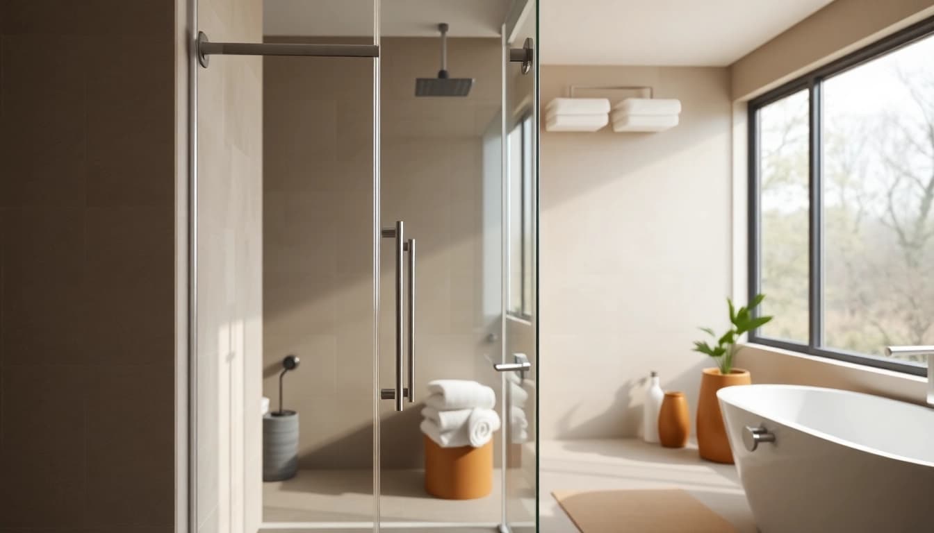 Discover elegant shower doors showcased in a luxurious bathroom, emphasizing sleek design and modern aesthetics.
