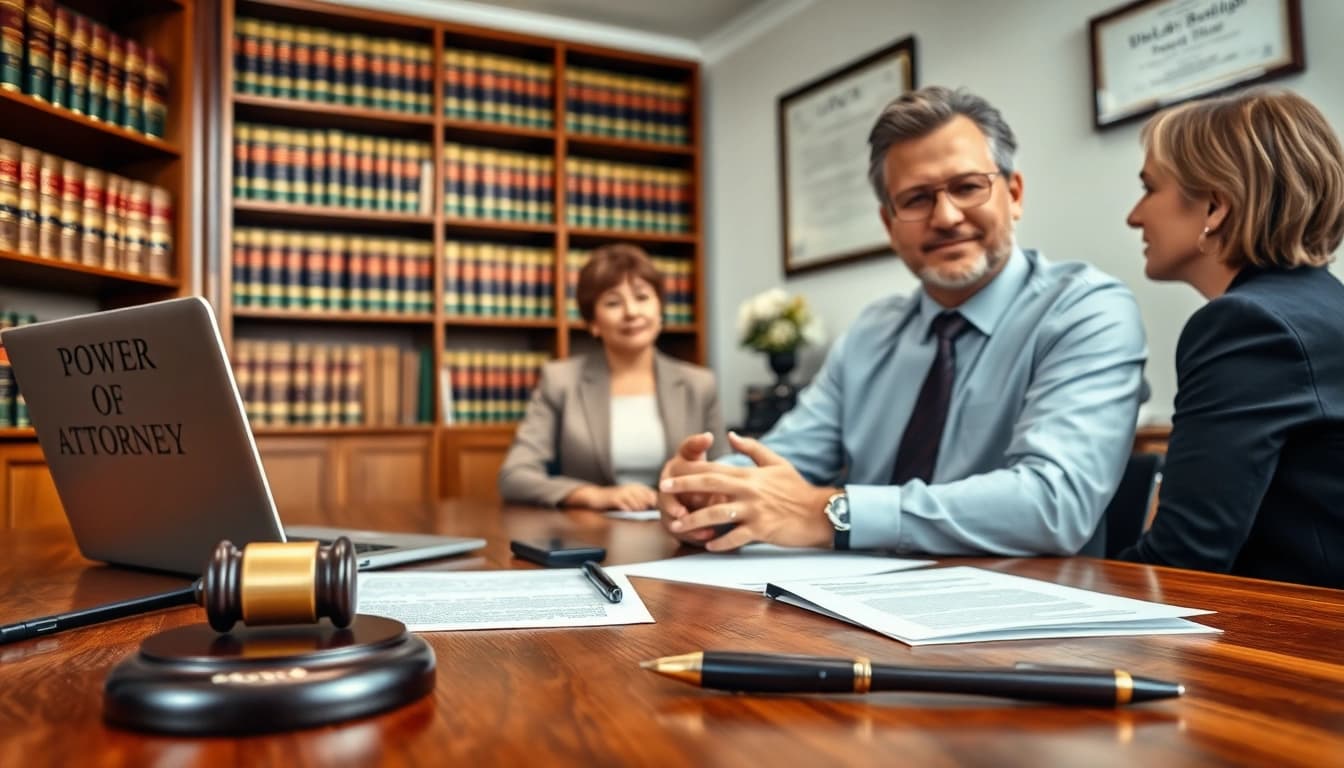 Lawyer demonstrating the importance of Power of Attorney in a professional office setting.