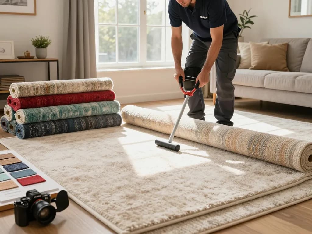 Carpet fitters near me installing high-quality carpet in a stylish home setting, showcasing professionalism and craftsmanship.