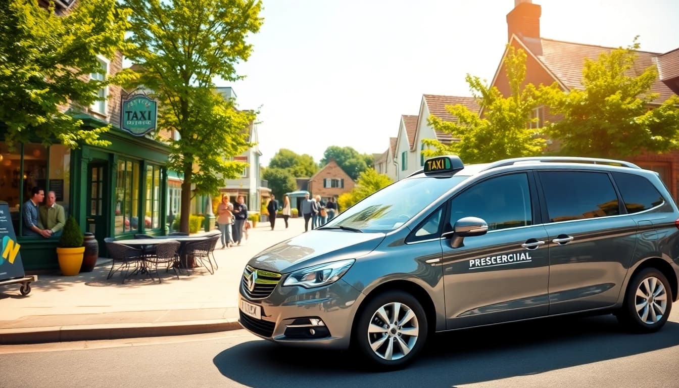 Experience quality taxi services in West Byfleet, featuring a sleek vehicle beside local shops.