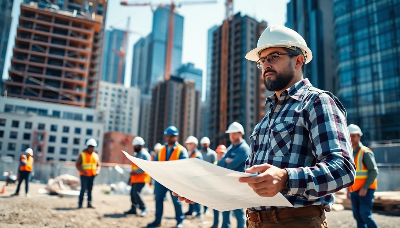 New York General Contractor monitoring a busy construction site with diverse workers.