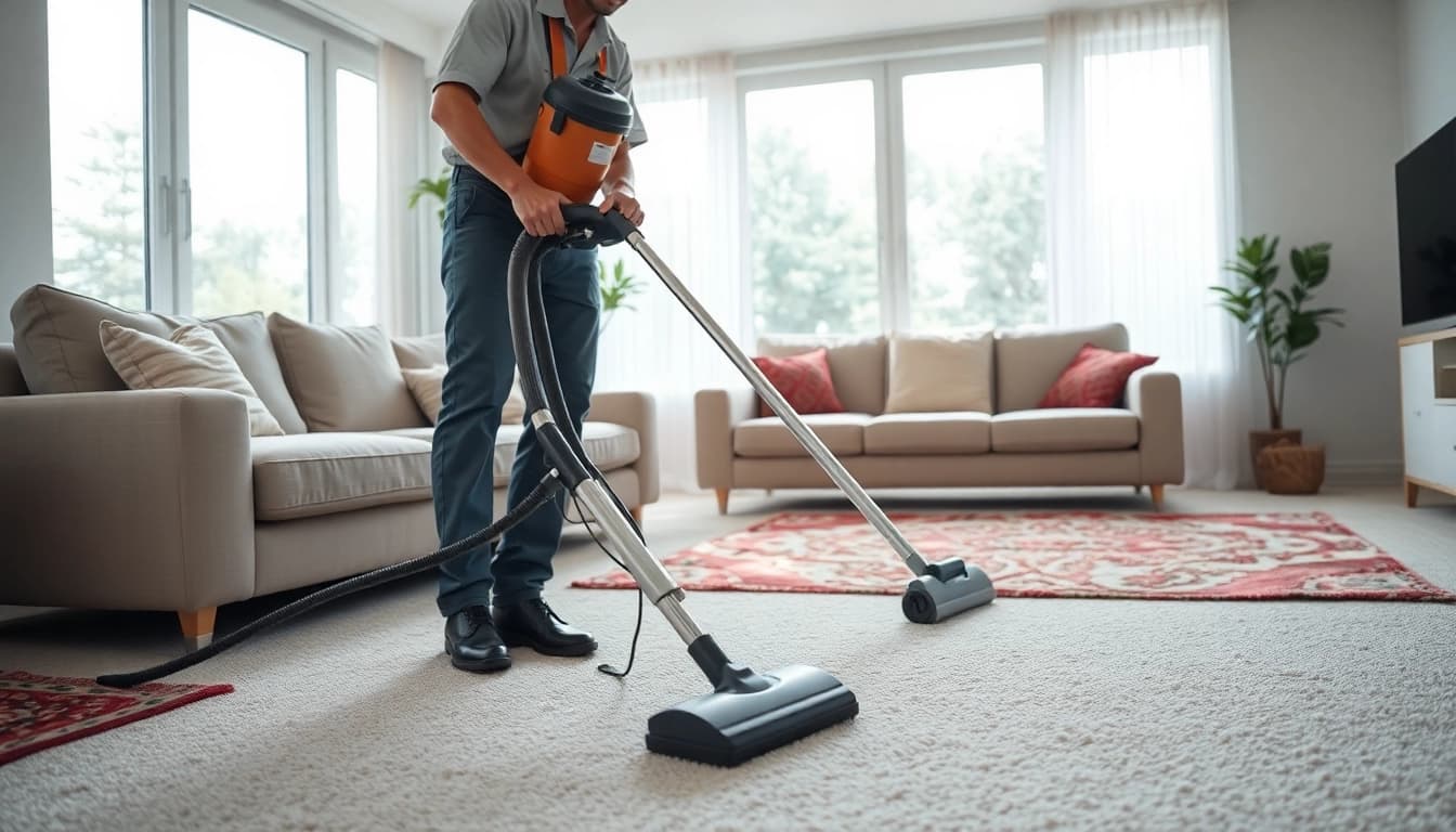 Professional carpet cleaning service technician efficiently cleaning a living room carpet.