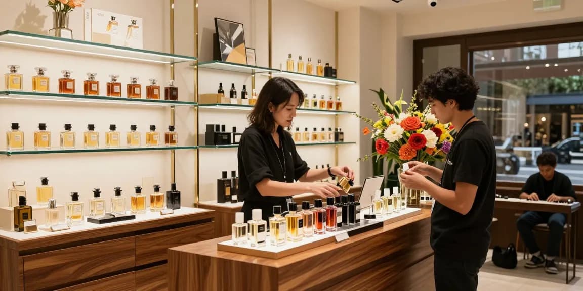 Engaging scene on how to choose a perfume at a luxury fragrance shop with expert advice and beautiful scent displays.