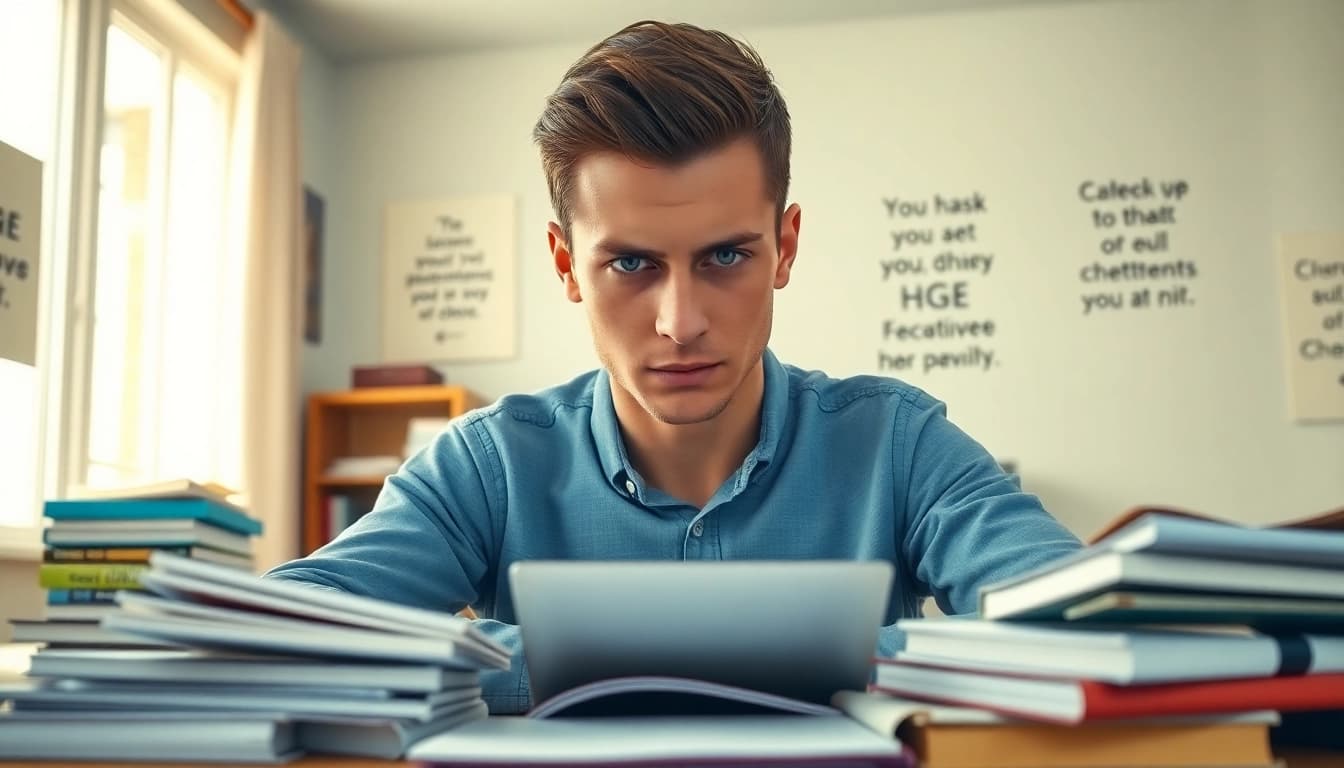 An illustration showing a student ready to pay someone to take GRE for me, amidst study materials in a serene setting.