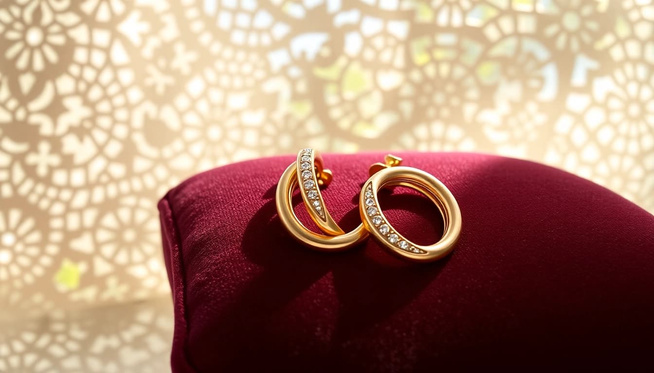 Showcase gold helix earrings with diamonds on a velvet cushion, emphasizing their intricate design.