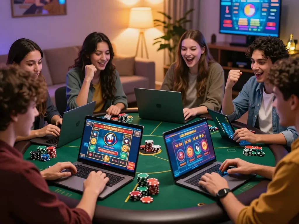 Friends enjoying online gambling together on 8KBET platform with vibrant gaming screens.