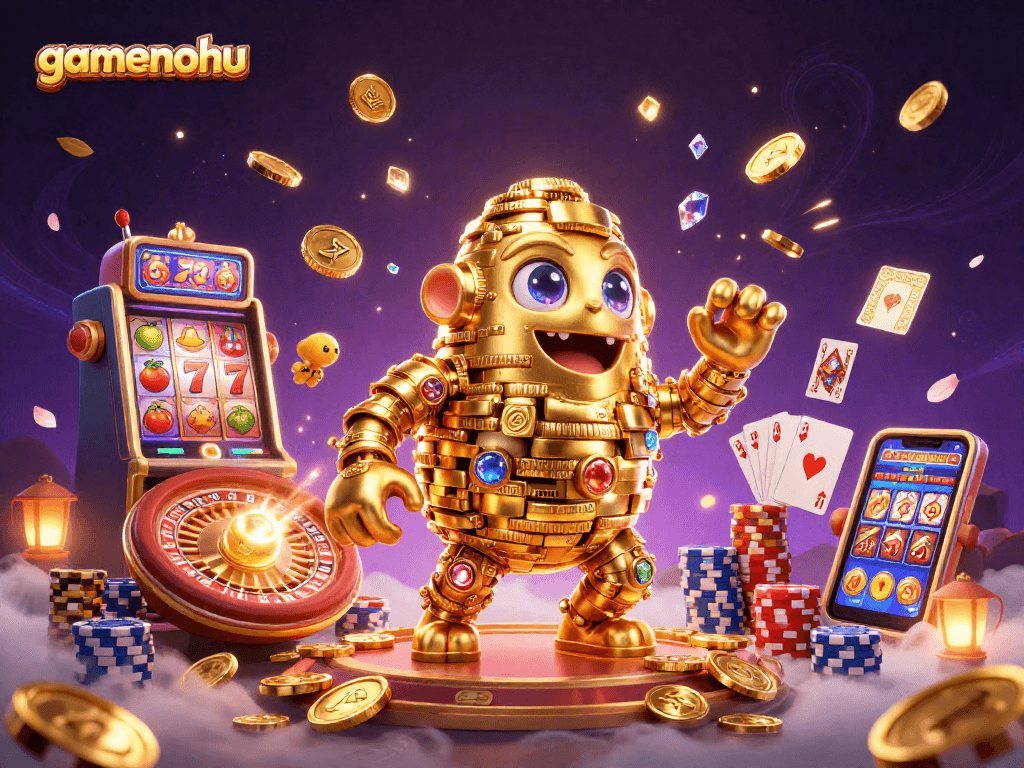 Experience the thrilling gamenohu jackpot with the ancient golden golem and slot machine icons.