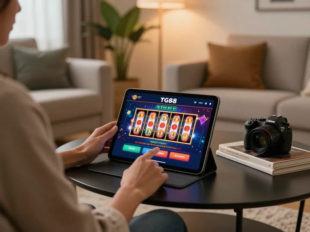 TG88 user engaging with online gaming on a tablet in a stylish home setting while enjoying casino entertainment
