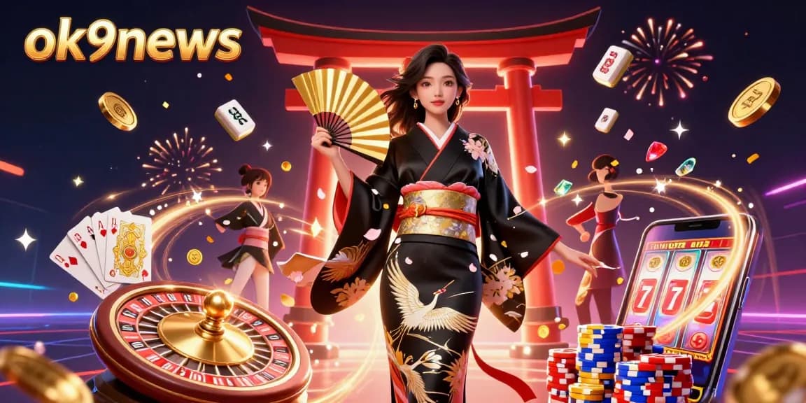 Engage with the exciting world of ok9news in this vibrant, detailed casino illustration featuring games and cultural elements.