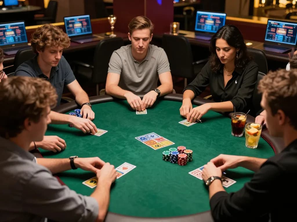 LV88 players enjoying an upscale poker game in a luxurious online setting with vibrant colors and a professional atmosphere.