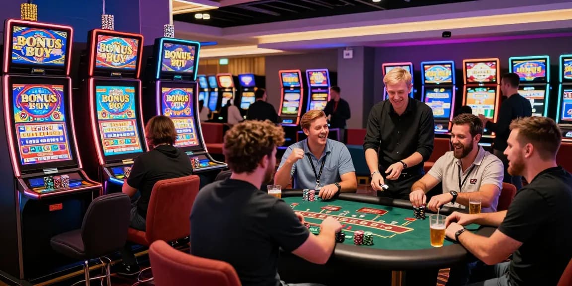 Exciting non-UK casino gaming scene showcasing players enjoying slots, find the latest list here for top casinos.