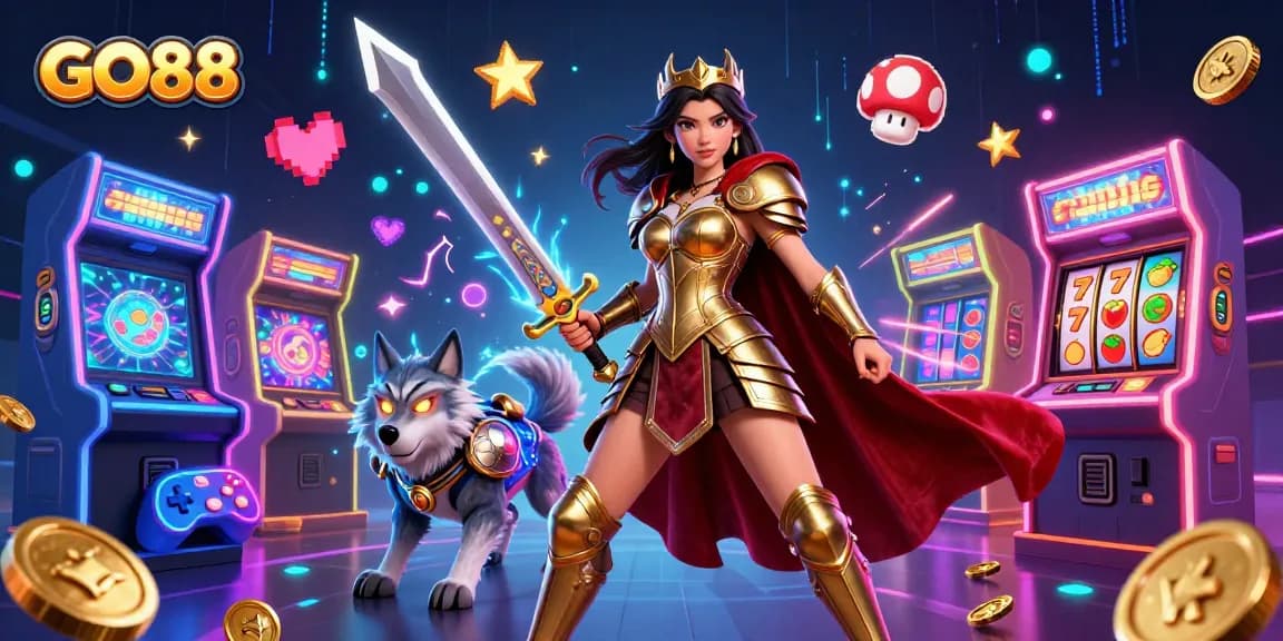 Engage with GO88's immersive gaming experience featuring a striking warrior queen and her glowing companion.