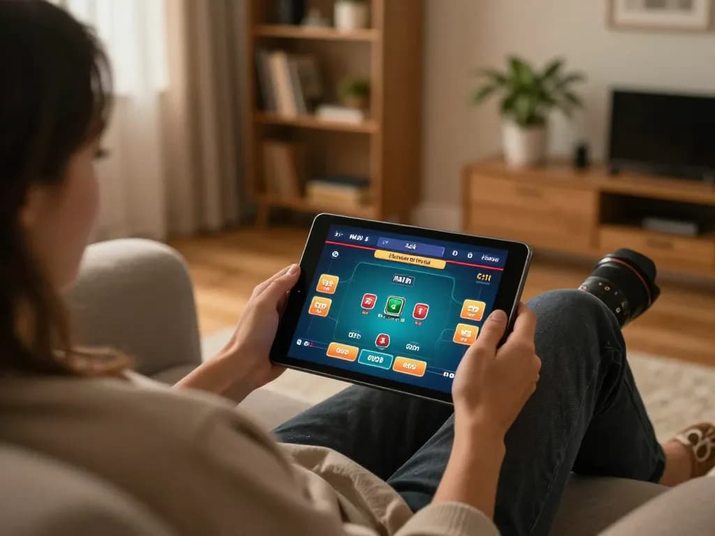 Player engaging in online casino gaming on vt88 com using tablet, comfortable home setting