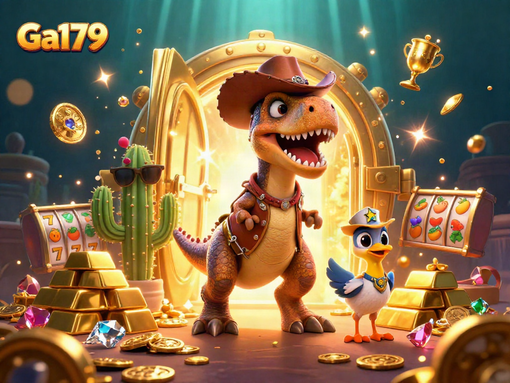 Experience the thrill of Ga179 with a vibrant 3D casino scene featuring a cowboy dinosaur and gems.